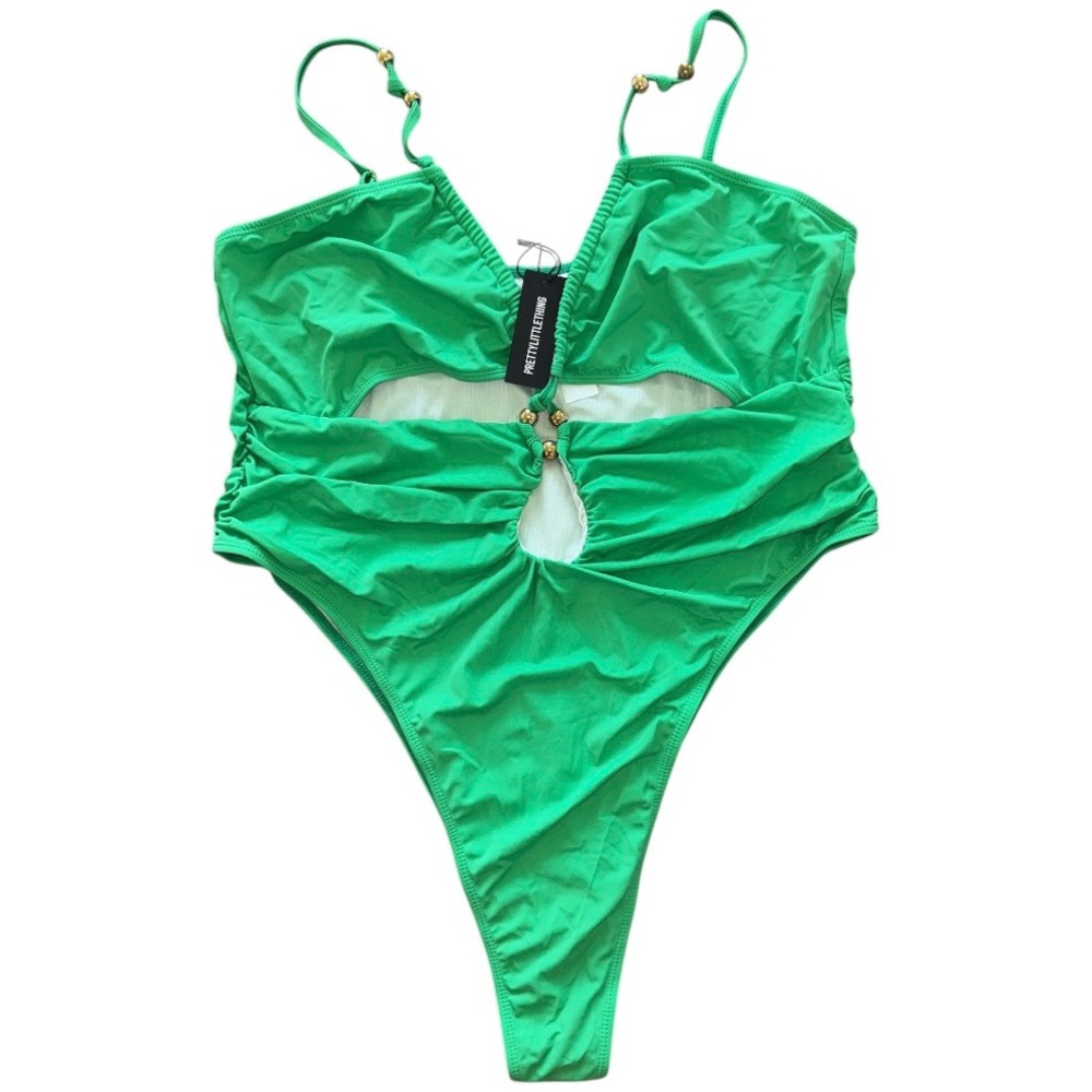 NWT | PrettyLittleThing Plus Green Bead Detail Ruched Cut Out Swimsuit